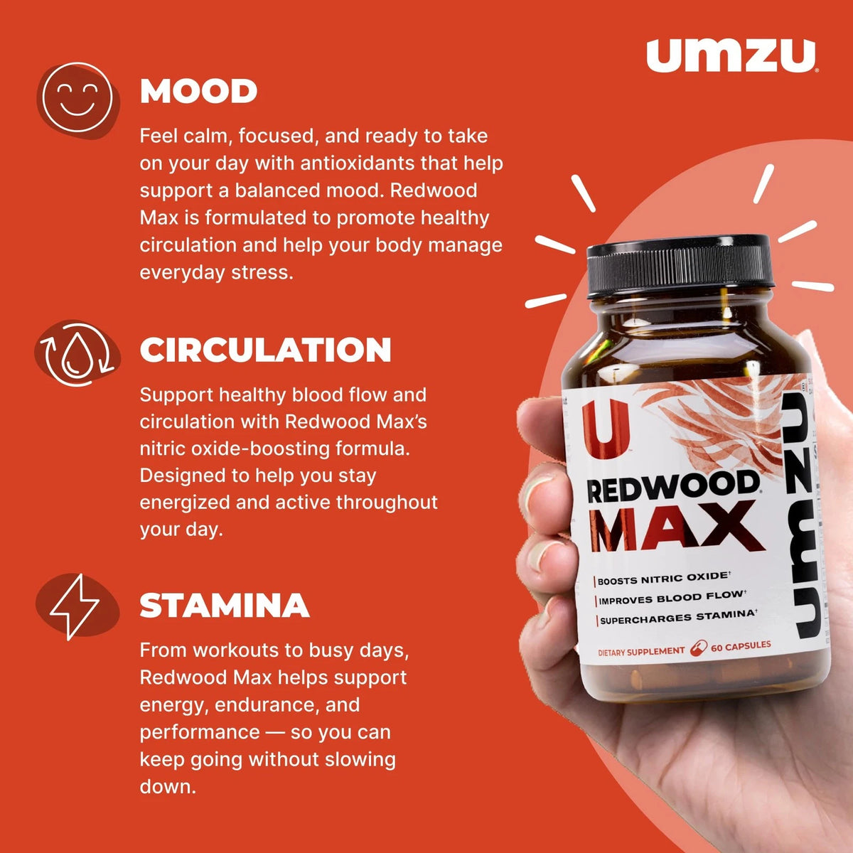UMZU Redwood MAX – Nitric Oxide, Blood Flow & Stamina Support Supplement, 60 Capsules