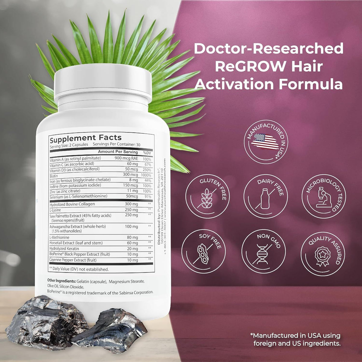 PureHealth Research ReGrow Hair Growth Vitamins – Biotin Hair Support Supplement, 120 Capsules