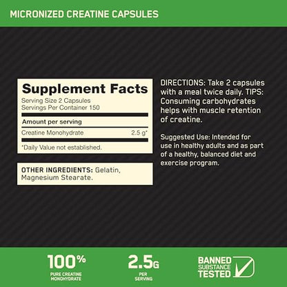 Optimum Nutrition Micronized Creatine Monohydrate – Muscle Strength & Workout Support, 300 Capsules